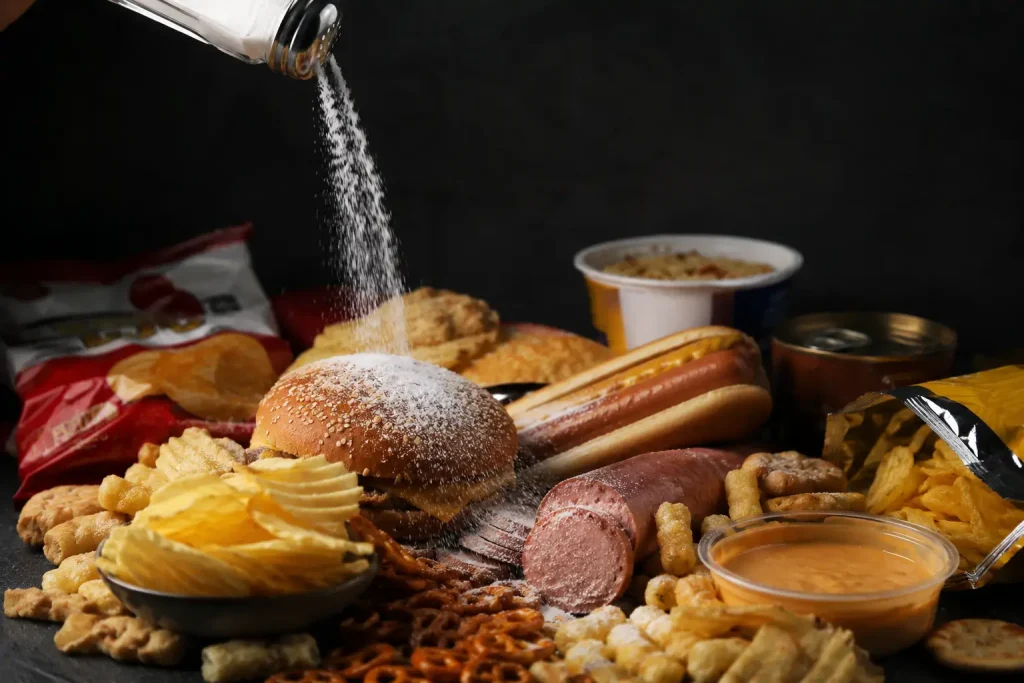 salt pouring onto processed packaged foods