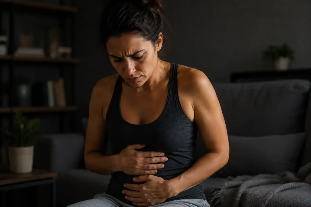 woman holding bloated abdomen with discomfort