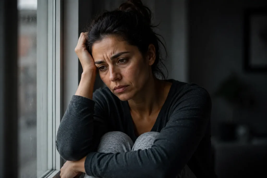 woman sitting alone by window looking depressed
