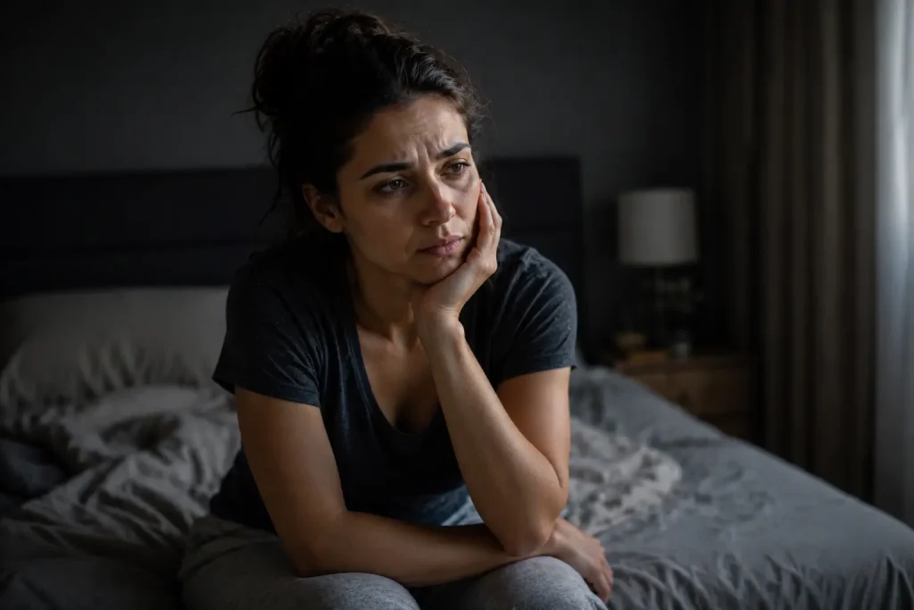 woman sitting on bed edge in morning light