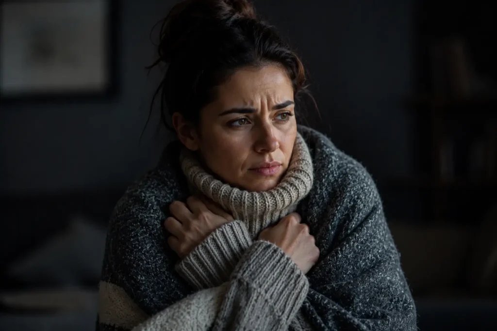 woman wrapped in thick sweater